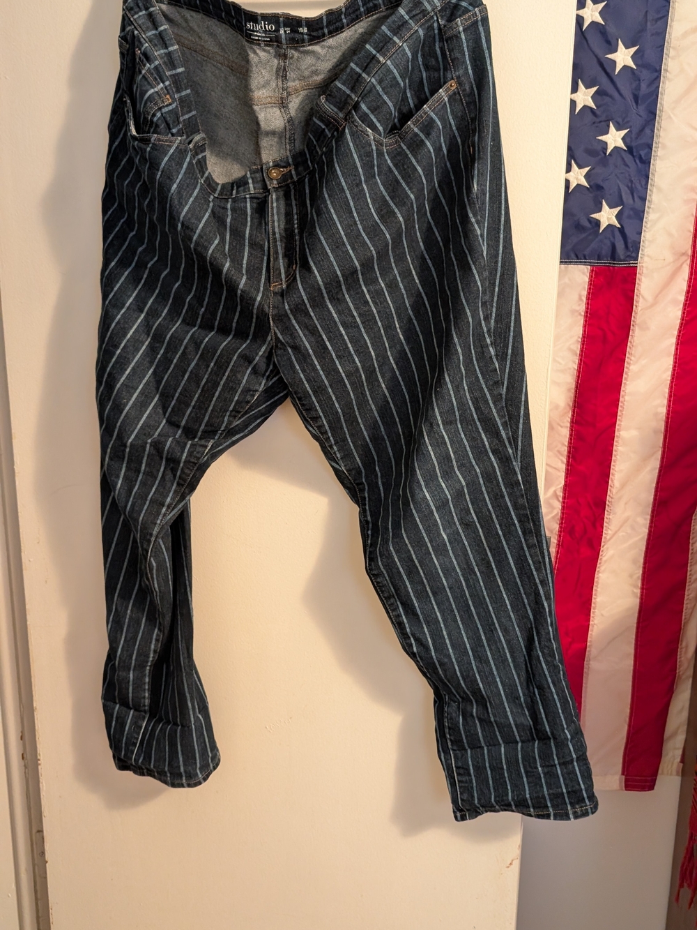 Studio Women’s Straight Leg Jeans in Dark Blue Pinstripe